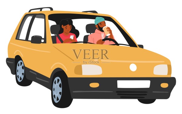 年轻家庭夫妇卡通角色在车里享受公路旅行冒险，背景为白色。插画图片素材