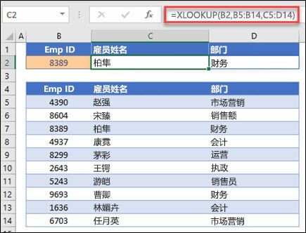 用于基于员工 ID 返回员工名称和部门XLOOKUP函数的示例。 公式为：=XLOOKUP (B2，B5：B14，C5：D14,0,1) 