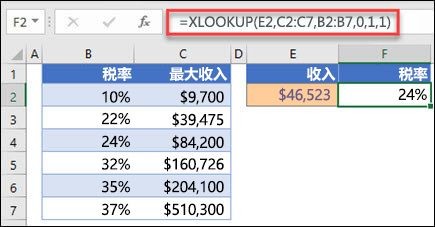 用于返回基于最高收入的税率的 XLOOKUP 函数的图像。 这是一个近似匹配项。公式为：=XLOOKUP (E2，C2：C7，B2：B7,1,1) 