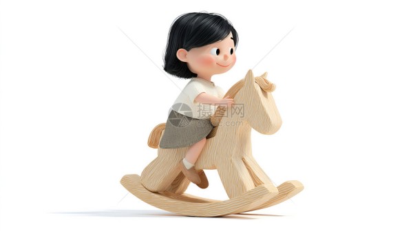 可爱女孩坐在木马上的快乐瞬间图片