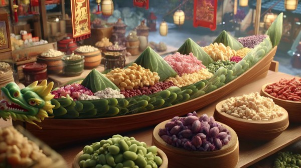 龙舟小木船载满食物高清图片