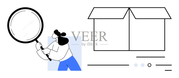 卡通人物用放大镜评估一个大盒子,简单的矢量图形插画图片素材
