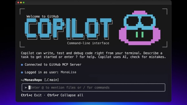 A terminal window displaying GitHub Copilot CLI. The screen features a pixel art character with glasses and the message 'Welcome to GitHub COPILOT'. It shows CLI Version 0.0.1 and commit ID 36b03a6fa. Instructions explain that Copilot can write, test, and debug code from the terminal. The user is logged in as MonaLisa and connected to GitHub MCP Server. The command line path is '~/GitHubRepos/sweagentd/runtime [/_main]' with a prompt for input. Footer instructions include 'Ctrl+c Exit · Ctrl+r Collapse all'.