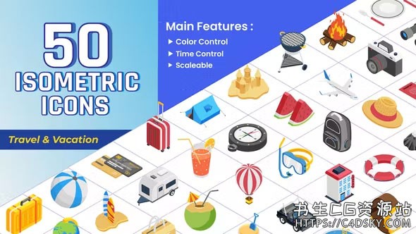 50个夏天旅行度假等距图标动画AE模板Isometric Icons - Travel & Vacation