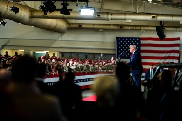 President Donald Trump delivers remarks to military families at Fort Bragg, North Carolina, Friday, February 13, 2026. (Official White House Photo by Daniel Torok)