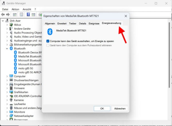 Bluetooth aktivieren und Energieeinstellungen unter Windows anpassen