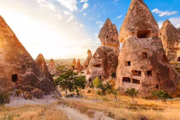 Sunlit fairy chimneys with carved cave dwellings surrounded by dry grass and trees in Cappadocia, Turkey.