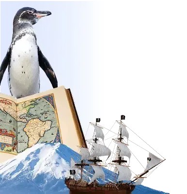 Penguin, ship, mountain, atlas