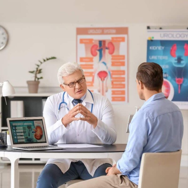 Mann bespricht mit Urologen, was er gegen das Nachtröpfeln unternehmen kann.