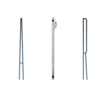 以纤细的银灰色字母拼写的 Air 字样。Air 中间的字母 I 是天蓝色 iPhone Air 设备的侧面视图。可以看到一个按钮，右上方露出摄像头的一部份。