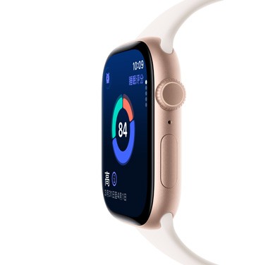 玫瑰金色铝金属 Apple Watch Series 11 的侧面视图，显示屏上可见睡眠评分和其他动态数据。