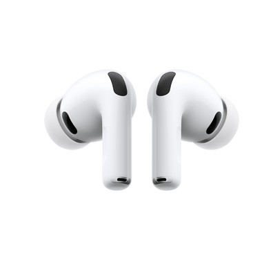 白色背景前一对 AirPods Pro 3 的背部视图，以背靠背的方式排列。
