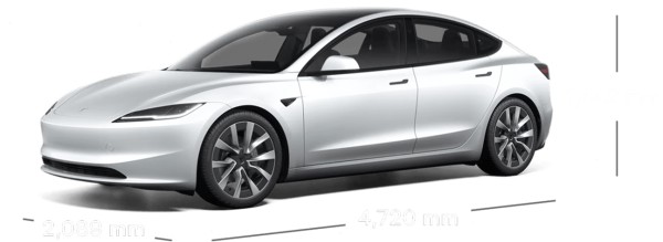 带尺寸标注的星空灰 Model 3 侧视图。