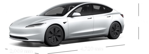 带尺寸标注的星空灰 Model 3 侧视图。