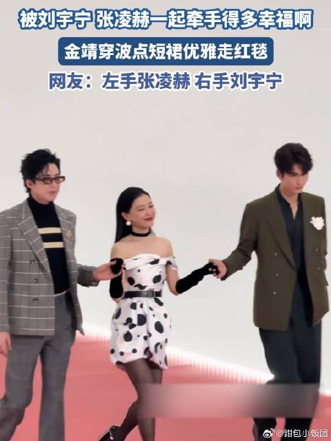 被刘宇宁张凌赫一起牵手得多幸福啊?金靖穿波点短裙优雅走红毯