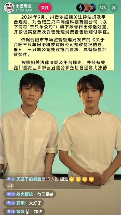 三只羊否认大小杨哥AI出镜复播